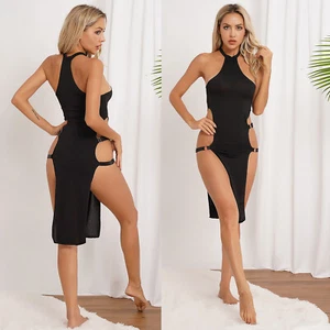 Mujeres Halter Cuello Lencería Ultrafino Vestido Piernas Altas Rendijas Cheongsam Camisón - Imagen 1 de 15