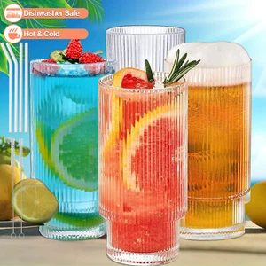 Geriffelte Gläser Trinkgläser mit Strohhalm Bier Glasbecher Cocktail Gläser Set - Bild 1 von 12