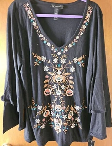 INC INTERNATIONAL CONCEPTS Black Shirt Blouse Floral Embroidery 2X Ruffle Sleeve - Picture 1 of 6