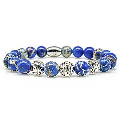 Jaspis Armband Bracelet Perlenarmband Beads Silber blau 8mm Edelstahl - Bild 1 von 4