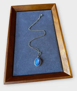Sterling Silver 925 Necklace Curb Link Chain Blue Banded Agate Pendant Costume - Picture 1 of 5