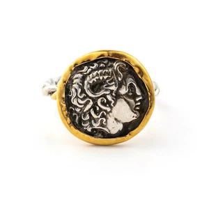 Alexander The Great Signet Coin Ring – 14K Gold and 925 Sterling Silver - Picture 1 of 6