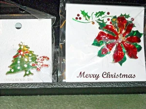 2 brooch pins Christmas stocking stuffers rhinestones Christmas tree poinsettia  - Picture 1 of 5