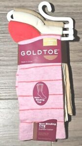 3 Pair Gold Toe Women's Premium Cotton Non-Binding Top Crew Dress Socks Size 6-9