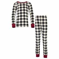 Touched By Nature Tight Fit Long Sleeve Top and Pant Pajama Set, Black Plaid