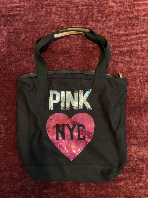 Victoria's Secret TOTE BAG BLACK CANVAS PINK SEQUINS Bling NWT – Think Pink  And More