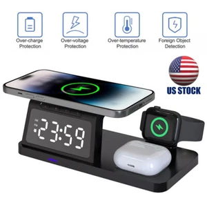 Wireless Charger Fast Charging Station Alarm Clock for iPhone iWatch Air Pods US - Picture 1 of 23