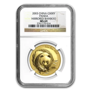 2003 China 1 oz Gold Panda Mirrored Bamboo MS-69 NGC - Picture 1 of 3