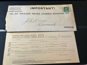 UNBENUTZTE 1918 Jefferson City Missouri Auto Registrierung Antragskarte/Umschlag - Bild 1 von 2