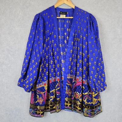 Chaqueta Diane Freis Mujer Vintage Años 80 Colorido Azul Flor De Lis Seda Kimono  Foto 1 de 4
