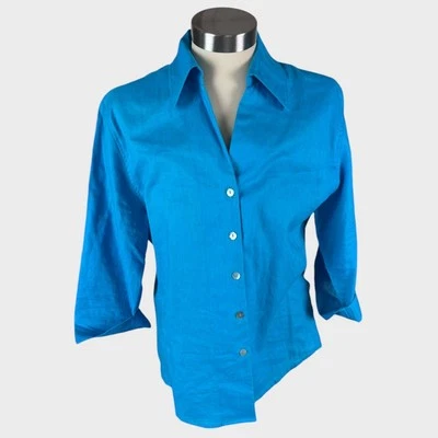 Camisa David N Grande Botón Frontal Manga 1/2 3/4 Azul con Cuello Lino  Foto 1 de 4