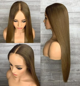 Long Straight Frontal T Lace Wig Light brown Heat Resistant Synthetic Hair - Picture 1 of 8