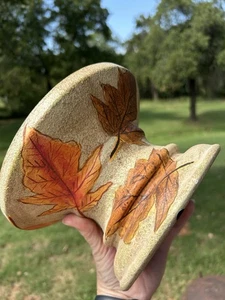 Vintage handbemalter Keramik Standfuß Ständer Herbst Herbst Kerze Windlicht Blätter - Bild 1 von 11