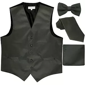 New Men's tuxedo Vest Waistcoat_Necktie, Bowtie & Hankie Set Dark Gray formal - Picture 1 of 5