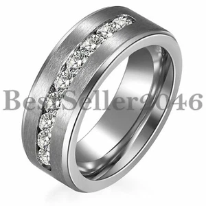 Men's 8mm Stainless Steel Wedding Ring with Textured Center Clear Round CZ Band - Picture 1 of 5