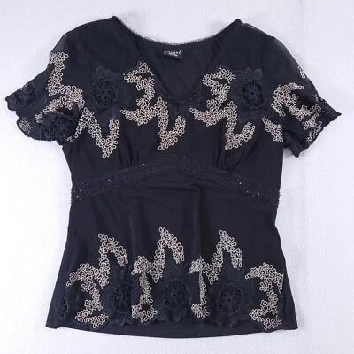 TRIBAL Black Embroidered Blouse Womens Medium Lace Eyelet Floral Beaded Babydoll - Imagem 1 de 4