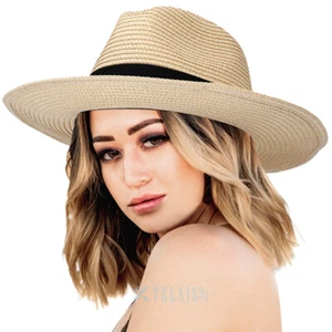 Women Wide Brim Straw Panama Hat Fedora Summer Beach Sun Hat UPF30+ - Picture 1 of 13
