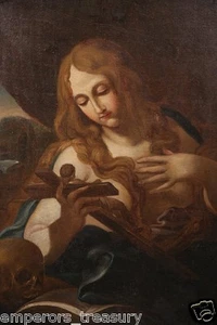 European 19th Century Religious Painting of Woman with Crucifix Bible and Skull - Picture 1 of 9