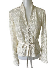 VTG Cache Floral Sheer Top Beaded Button Up Long Sleeve Belted Womens Sz 8 Cream