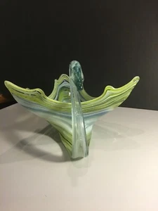 VTG Hand Blown Art Glass Centerpiece Green SWAN Bowl Swirl-Glass 13"X 8"X 11.5" - Picture 1 of 7