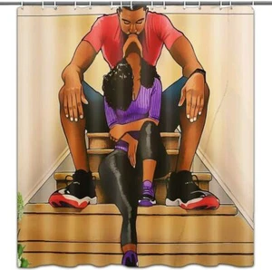 Kissing African Couple Shower Curtain Waterproof Vintage Bathroom Decor Brown - Picture 1 of 8