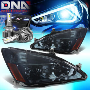FOR 2003-2007 HONDA ACCORD 2DR/4DR HEADLIGHT LAMPS W/LED KIT SLIM STYLE SMOKED
