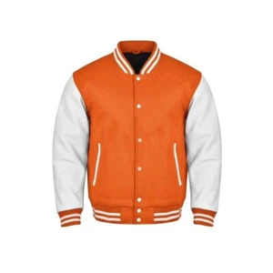"Chaqueta Universitaria Hombre Letterman Béisbol Bombardero Blanco Mangas Cuero Genuino" - Imagen 1 de 3