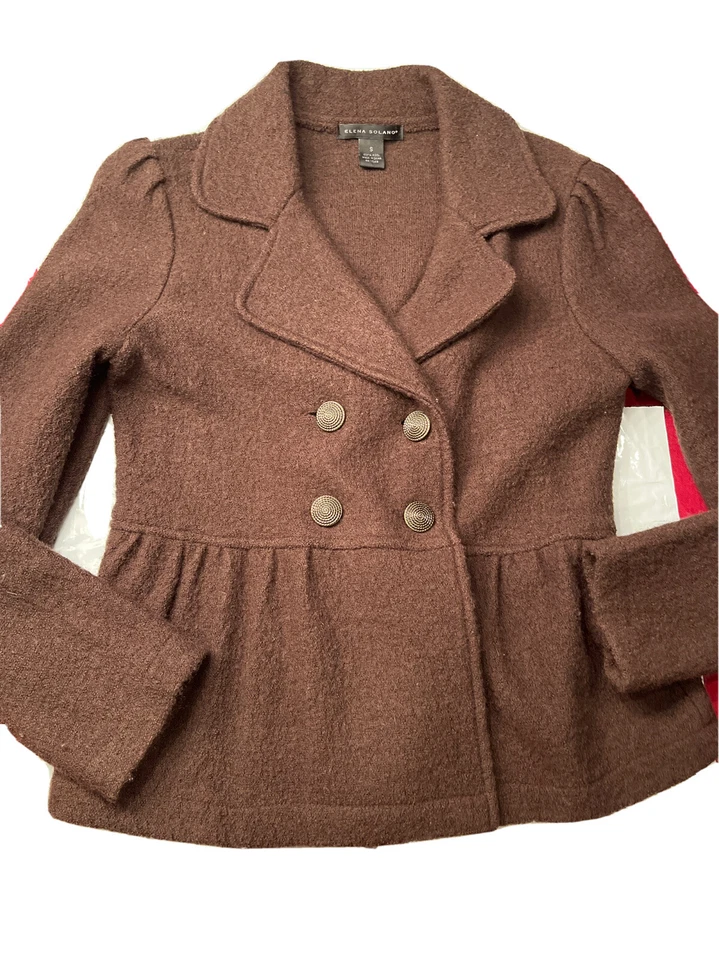 Chaqueta Elena Solano LANA MARRÓN Doble Pecho 4 Botones Frontal Peplum Volantes Trabajo Foto 1 de 4