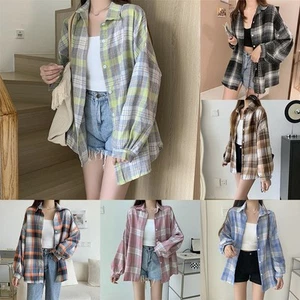 Womens Elegant Loose Fit long sleeve plaid shirt Suitable For Daily Wear - Picture 1 of 63