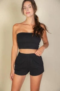 Simple Solid Color Tube Top And Shorts Two Piece Set - Picture 1 of 5