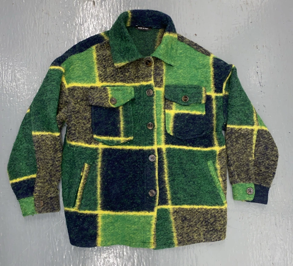 复古绿色和黄色格子羊毛夹克外套纽扣口袋 L 码 — 第 1/4 张图片