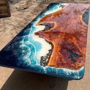 Blue Ocean Wave Epoxy Resin Countertop | Live Edge Wood Tabletop Handmade table - Picture 1 of 9