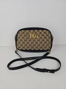 Gucci Gg Marmont Small Camera Bag Shoulder Crossbody Chain Quilted Canvas Leathe - Picture 1 of 17