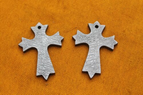 Fine crafted handmade Damascus steel random pattern Jesus cross pendants pair 11