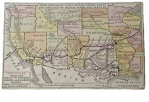 Santa Fe Railroad Map Post Card Great Lakes To Pacific 1918 Stamped - Picture 1 of 5