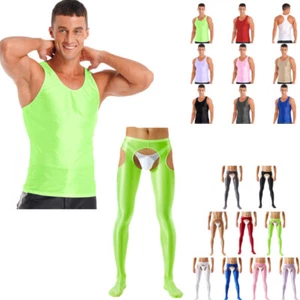 Mens Oil Glossy Skinny Pants Tank Top Cutout Opaque Tights Sports Gym Underwear - Picture 1 of 112