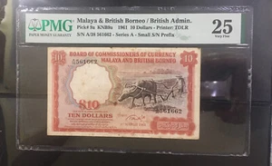 1961 Malaya Buffalo Britis Borneo 10 dollars A/38 561662 PMG 25 /VF Remark Stain - Picture 1 of 2