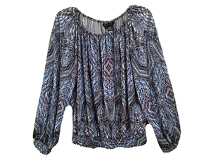 Etcetera Women M Peasant Blouse Top Smocked Openings Stretch Blue Burgundy Whit - Picture 1 of 5