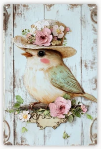 ARTE DE METAL - "Shabby Chic Birdie" con sombrero de colección arte de pared - 8x12 caprichoso - Imagen 1 de 4
