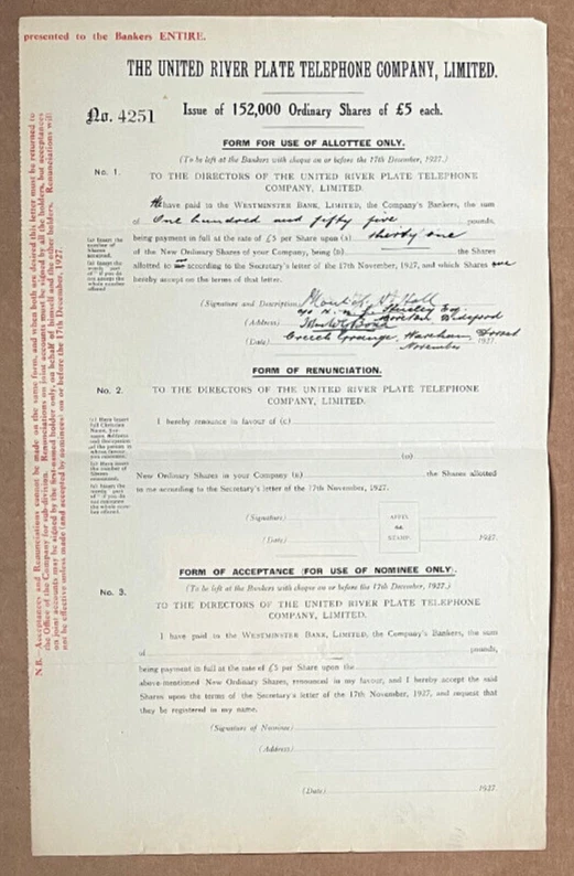 Certificado de acciones de United River Plate Telephone Company a través de Westminster Bank Foto 1 de 1