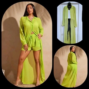 Fabulous Lime Green Chiffon Button Down Extra Long Maxi Cover Up Shirt Dress XL - Picture 1 of 11