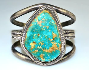 VTG SOUTHWESTERN HANDCRAFTED HEAVY STERLING SILVER TURQUOISE 6" CUFF BRACELET - Picture 1 of 4