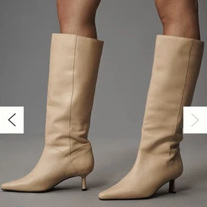 Anthropologie Leather Knee-High Pointed-Toe Boot Kitten Heel Light Sand 9 NIB - Picture 1 of 6