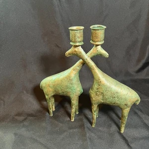 Vintage Grünspan Metall Giraffe Kerzenständer Paar Indonesien Mid Century Modern - Bild 1 von 12