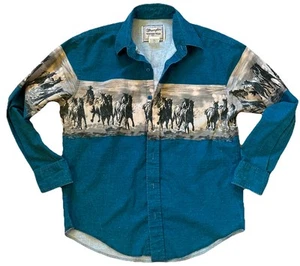 Vintage Wrangler Rodeo Cowboy Wild Horses Wrap Around Western Teal Mustang - Picture 1 of 11