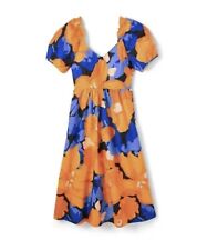 Tabitha Brown Women's Size 6 - Orange/Blue Puff Sleeve Tie Back Dress