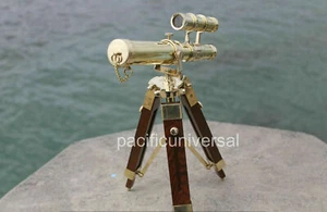 Solid Brass Nautical Double Barrel Imperial Telescope With Wooden Tripod Stand  - Picture 1 of 5