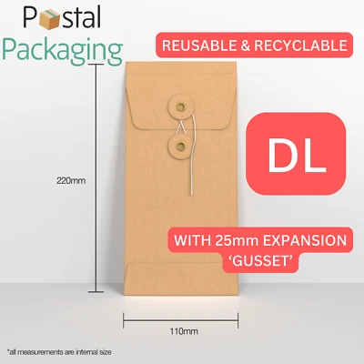 DL (220 x 110mm) Manilla Brown String & Washer Envelopes (Gusset) Button Tie - Image 1 of 4