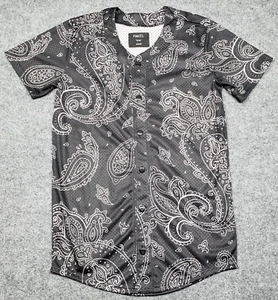 Rue21 Jersey Shirt Mens S Black Paisley Short Sleeve Button Up Collarless New - Picture 1 of 12