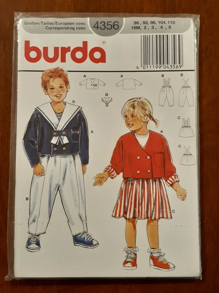 BURDA PATTERN - 4356 GIRL BOY OVERALLS PINAFORE JACKET SAILOR COLLAR 18m-5 UNCUT - Image 1 of 2